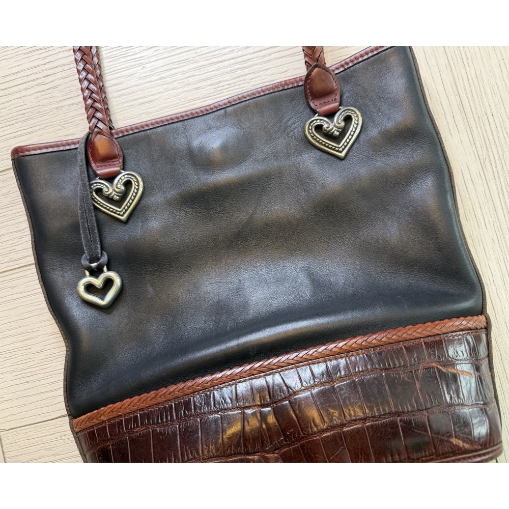 BRIGHTON‎ Black and Brown Croc Pattern Leather Tote Bucket Shoulder Bag Braided